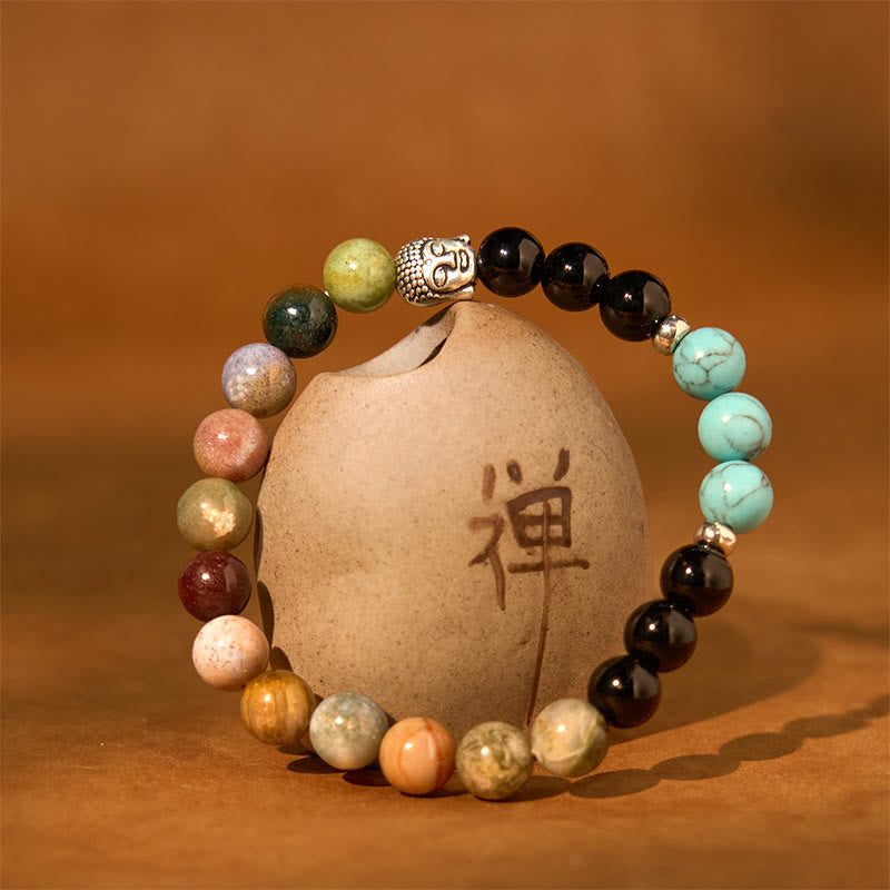 Buddha Stones Onice nero naturale Pietra bianca Avventurina verde Occhio di tigre Agata Colori misti Braccialetto di protezione per la testa del Buddha