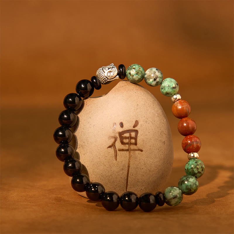 Buddha Stones Onice nero naturale Pietra bianca Avventurina verde Occhio di tigre Agata Colori misti Braccialetto di protezione per la testa del Buddha
