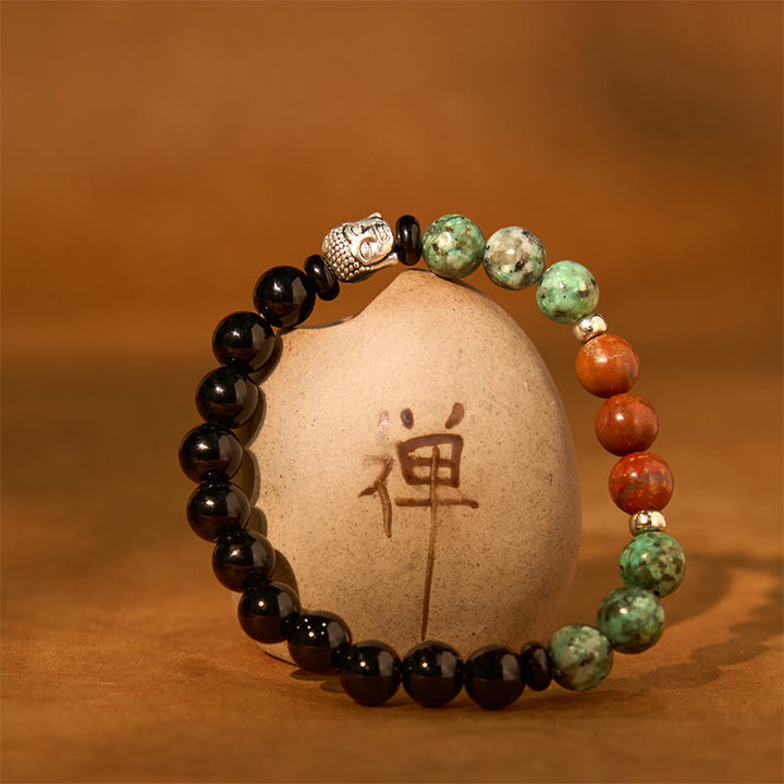 Buddha Stones Onice nero naturale Pietra bianca Avventurina verde Occhio di tigre Agata Colori misti Braccialetto di protezione per la testa del Buddha