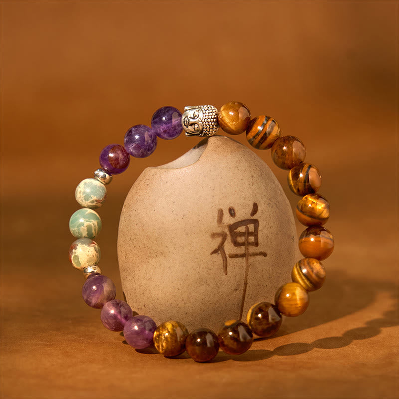 Buddha Stones Onice nero naturale Pietra bianca Avventurina verde Occhio di tigre Agata Colori misti Braccialetto di protezione per la testa del Buddha