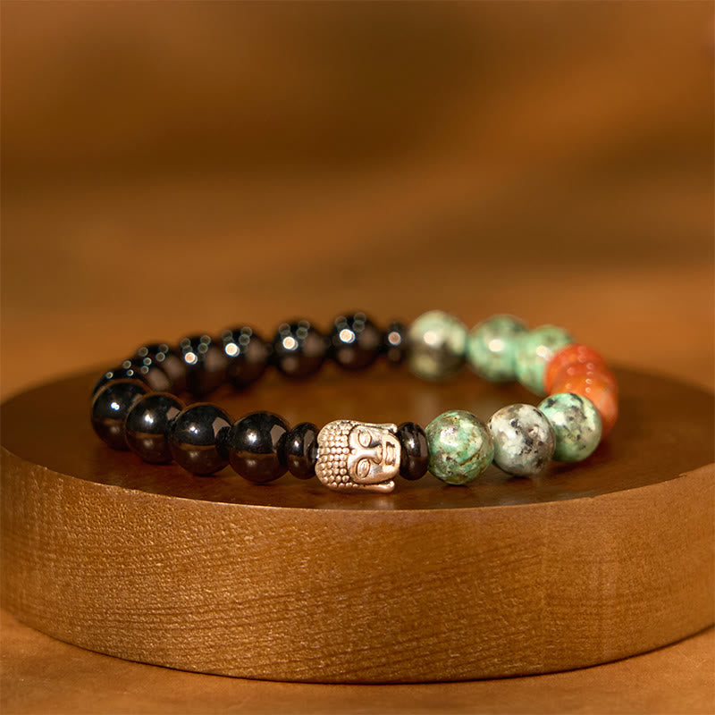 Buddha Stones Onice nero naturale Pietra bianca Avventurina verde Occhio di tigre Agata Colori misti Braccialetto di protezione per la testa del Buddha