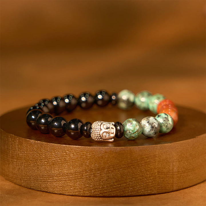 Buddha Stones Onice nero naturale Pietra bianca Avventurina verde Occhio di tigre Agata Colori misti Braccialetto di protezione per la testa del Buddha