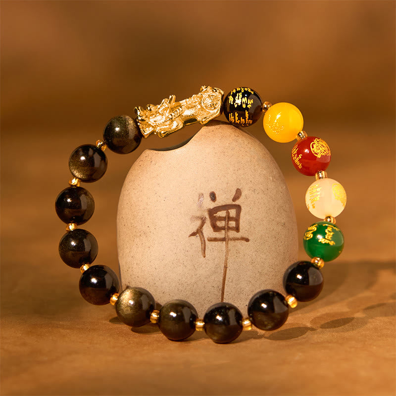 Buddha Stones Natural Gold Sheen Ossidiana PiXiu Cinque Direzioni Braccialetto di Protezione degli Dei della Ricchezza