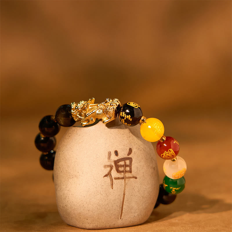 Buddha Stones Natural Gold Sheen Ossidiana PiXiu Cinque Direzioni Braccialetto di Protezione degli Dei della Ricchezza