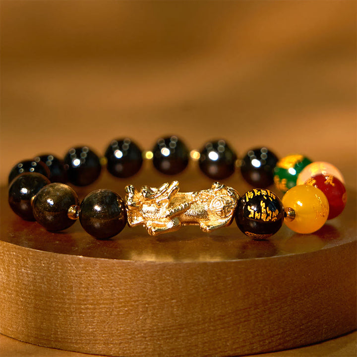 Buddha Stones Natural Gold Sheen Ossidiana PiXiu Cinque Direzioni Braccialetto di Protezione degli Dei della Ricchezza
