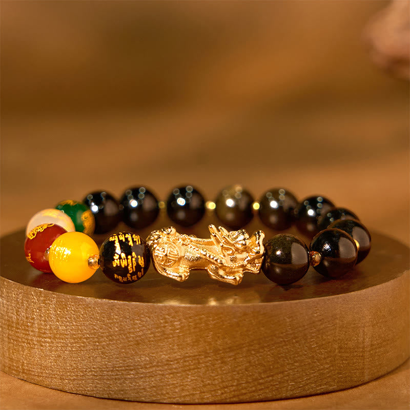 Buddha Stones Natural Gold Sheen Ossidiana PiXiu Cinque Direzioni Braccialetto di Protezione degli Dei della Ricchezza