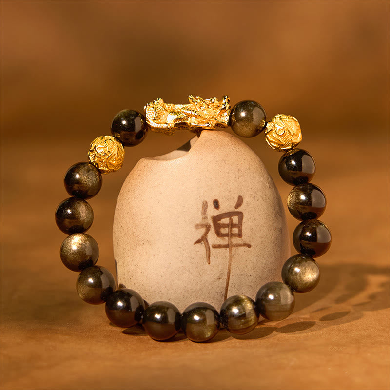 Braccialetto della ricchezza PiXiu Om Mani Padme Hum in ossidiana naturale lucidata in oro Buddha Stones