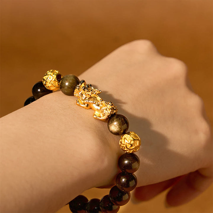 Braccialetto della ricchezza PiXiu Om Mani Padme Hum in ossidiana naturale lucidata in oro Buddha Stones