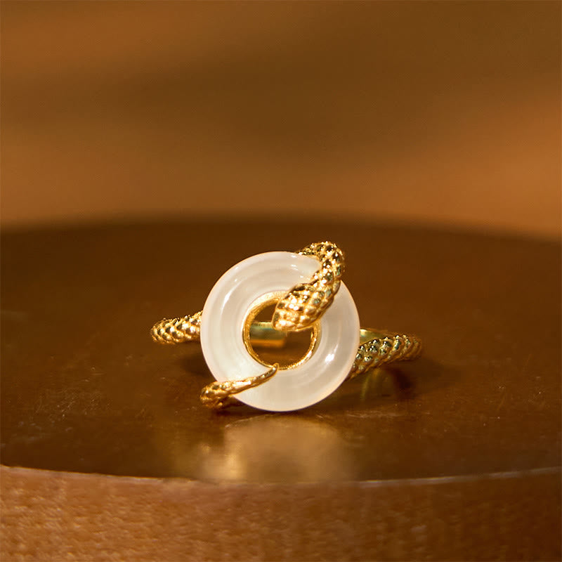 Buddha Stones Calcedonio Fibbia della Pace Argento Sterling 925 Anello Armonia Anno del Serpente Dorato - Calcedonio Argento Sterling 925 Serpente Dorato (Regolabile) - image 0