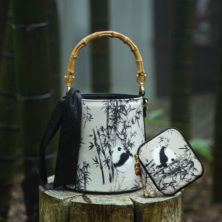 Borsa a tracolla con ricamo Buddha Stones Panda Bamboo Magpie Hangbags