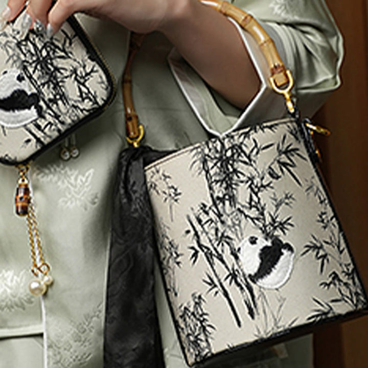 Borsa a tracolla con ricamo Buddha Stones Panda Bamboo Magpie Hangbags