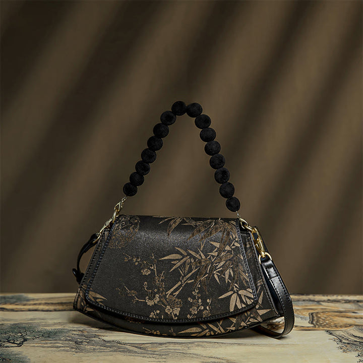 Borsa a tracolla in seta Xiangyunsha con catena di perline di bambù e prugna, pietre Buddha Stones
