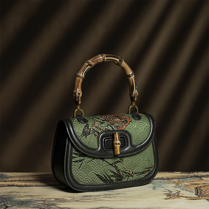 Borsa a tracolla in seta Xiangyunsha con manico in bambù e fiore curvo Buddha Stones