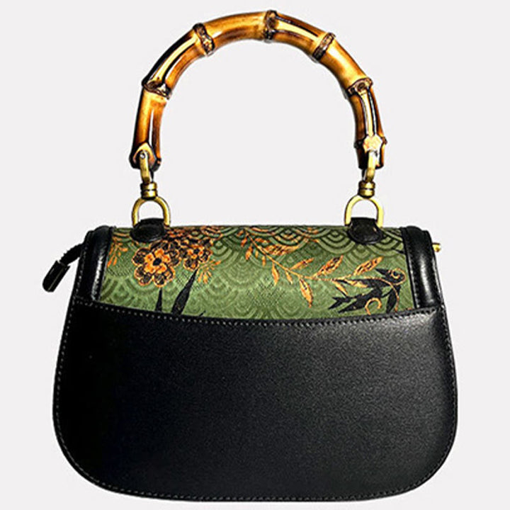 Borsa a tracolla in seta Xiangyunsha con manico in bambù e fiore curvo Buddha Stones