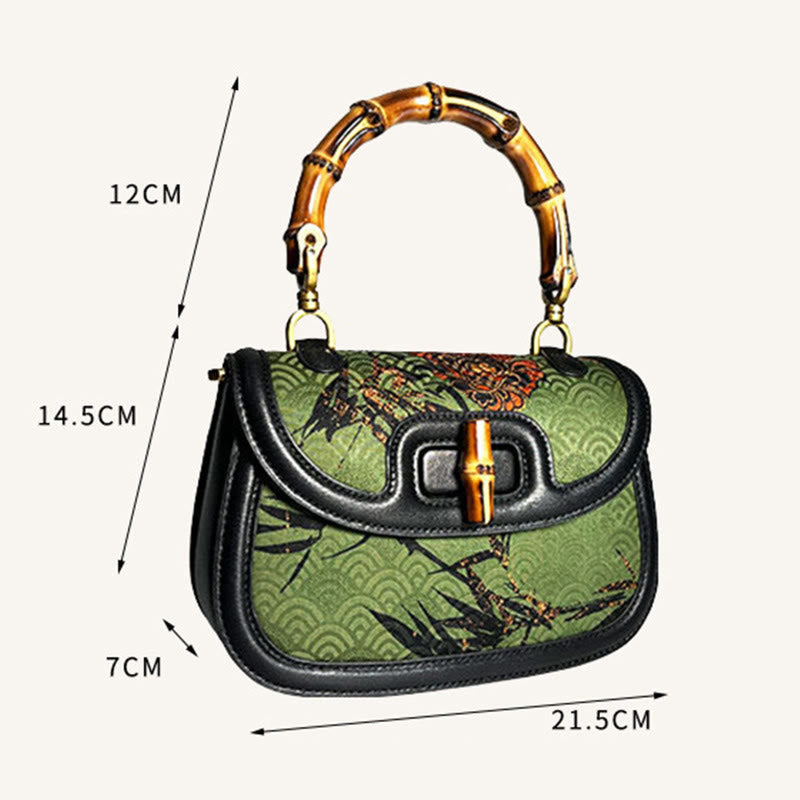 Borsa a tracolla in seta Xiangyunsha con manico in bambù e fiore curvo Buddha Stones