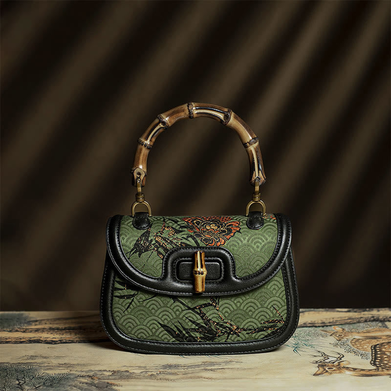 Borsa a tracolla in seta Xiangyunsha con manico in bambù e fiore curvo Buddha Stones