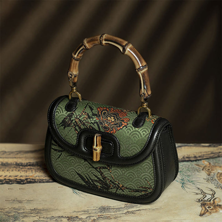 Borsa a tracolla in seta Xiangyunsha con manico in bambù e fiore curvo Buddha Stones