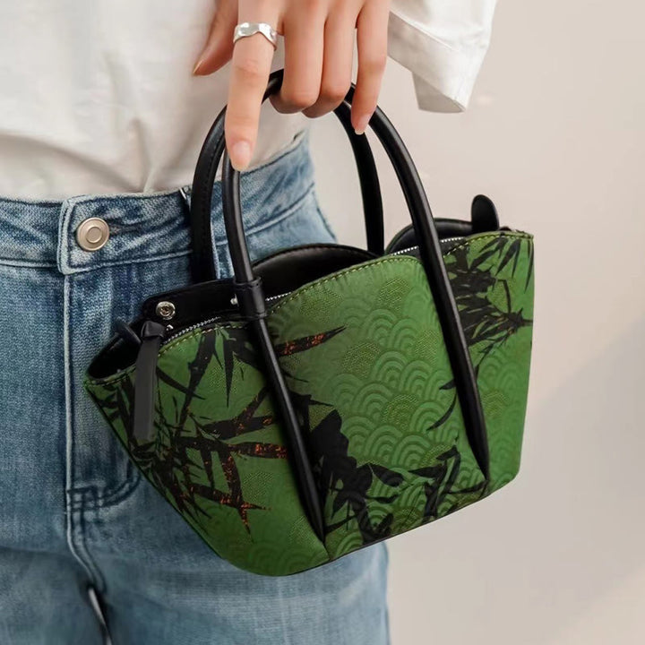 Borsa a tracolla in seta Xiangyunsha a forma di fiore di bambù curva Buddha Stones