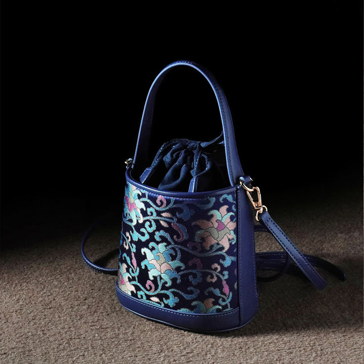 Borsa a tracolla in broccato con rami intrecciati e Buddha Stones , retro, loto, canzone