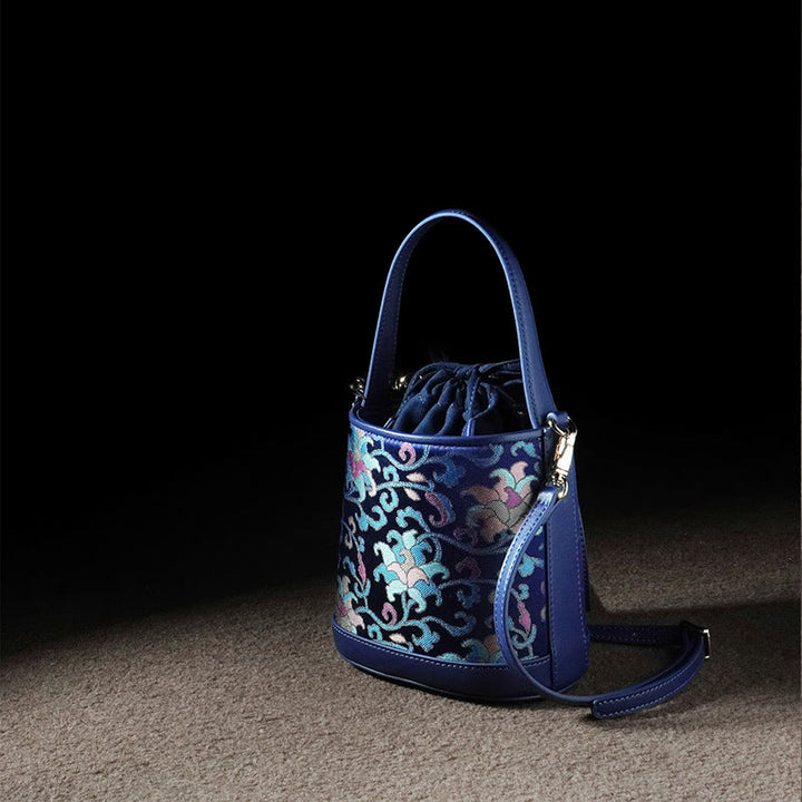 Borsa a tracolla in broccato con rami intrecciati e Buddha Stones , retro, loto, canzone