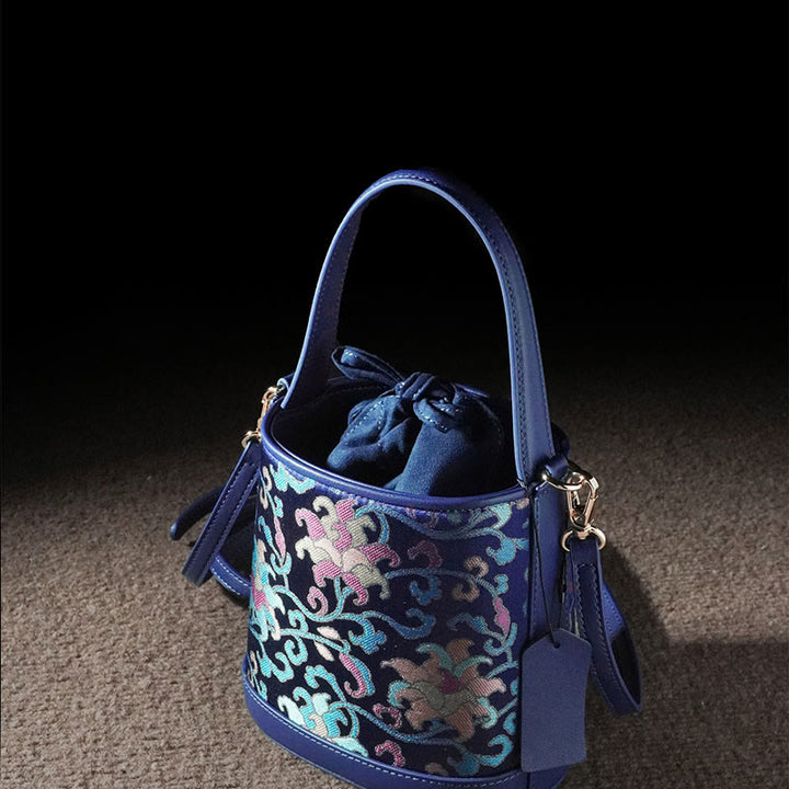 Borsa a tracolla in broccato con rami intrecciati e Buddha Stones , retro, loto, canzone