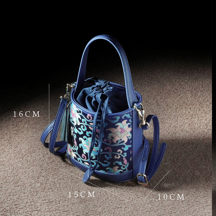 Borsa a tracolla in broccato con rami intrecciati e Buddha Stones , retro, loto, canzone