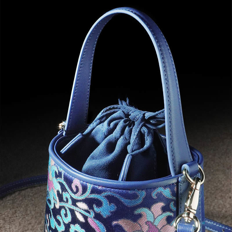 Borsa a tracolla in broccato con rami intrecciati e Buddha Stones , retro, loto, canzone