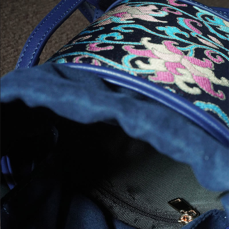 Borsa a tracolla in broccato con rami intrecciati e Buddha Stones , retro, loto, canzone