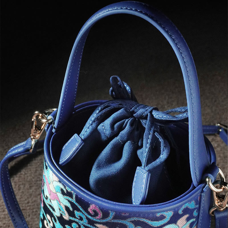 Borsa a tracolla in broccato con rami intrecciati e Buddha Stones , retro, loto, canzone