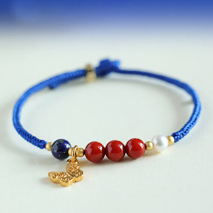 Braccialetto Buddha Stones Klein Blue String, Agata rossa del sud, Granato, Avventurina blu, Lazurite, Lapislazzuli, Farfalla in rame, Carattere positivo Fu - image 1