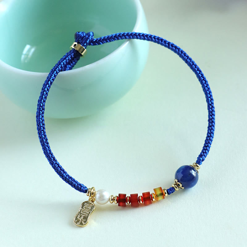Braccialetto Buddha Stones Klein Blue String, Agata rossa del sud, Granato, Avventurina blu, Lazurite, Lapislazzuli, Farfalla in rame, Carattere positivo Fu - image 13