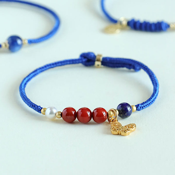 Braccialetto Buddha Stones Klein Blue String, Agata rossa del sud, Granato, Avventurina blu, Lazurite, Lapislazzuli, Farfalla in rame, Carattere positivo Fu - image 2
