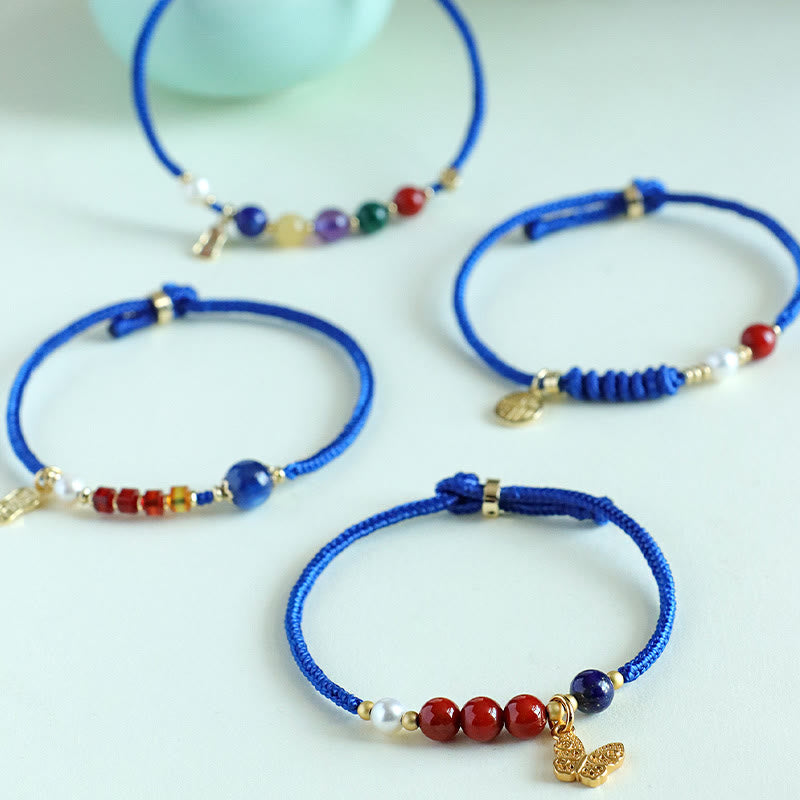 Braccialetto Buddha Stones Klein Blue String, Agata rossa del sud, Granato, Avventurina blu, Lazurite, Lapislazzuli, Farfalla in rame, Carattere positivo Fu - image 14