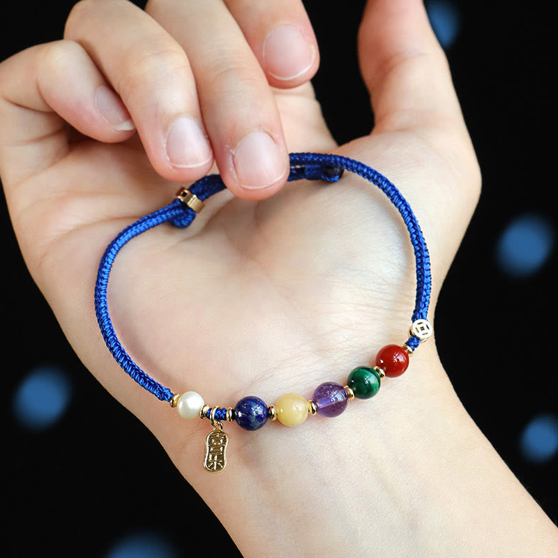 Braccialetto Buddha Stones Klein Blue String, Agata rossa del sud, Granato, Avventurina blu, Lazurite, Lapislazzuli, Farfalla in rame, Carattere positivo Fu - image 10