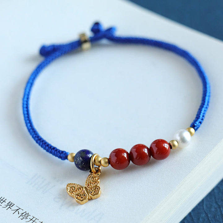 Braccialetto Buddha Stones Klein Blue String, Agata rossa del sud, Granato, Avventurina blu, Lazurite, Lapislazzuli, Farfalla in rame, Carattere positivo Fu - image 3