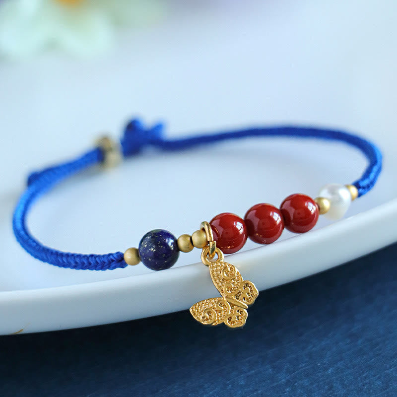 Braccialetto Buddha Stones Klein Blue String, Agata rossa del sud, Granato, Avventurina blu, Lazurite, Lapislazzuli, Farfalla in rame, Carattere positivo Fu - image 0