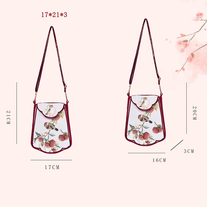 Borsa a tracolla con nappa e ricamo di lychee con Buddha Stones, borsa a tracolla
