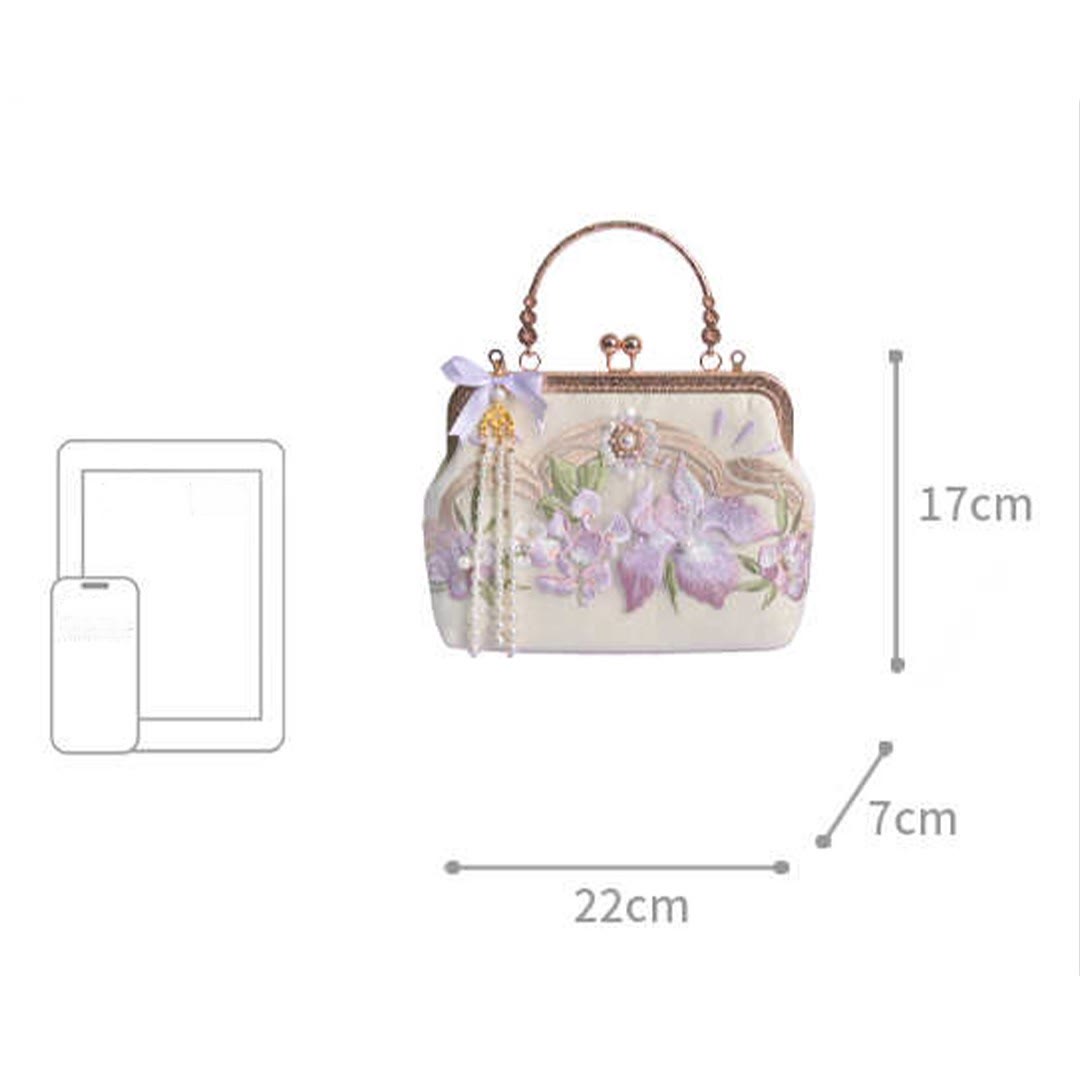 Buddha Stones Fiori Ricamato Nappa Pendente Perla Catena Metallo Borsa A Tracolla Borse