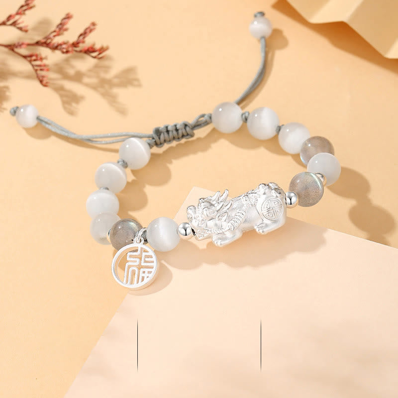 Buddha Stones Pi Xiu Sei parole vere Braccialetto portafortuna in argento sterling 999, ossidiana nera, turchese bianco e crisoberillo