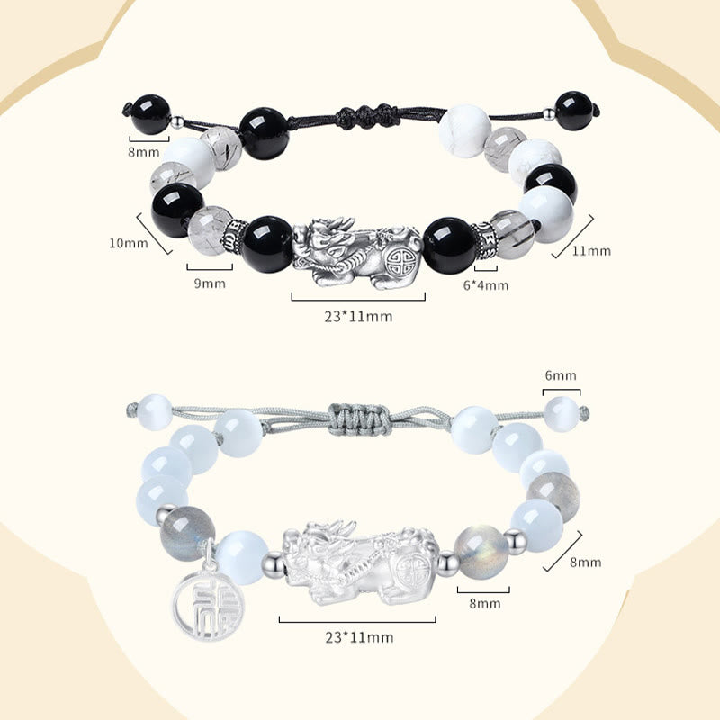 Buddha Stones Pi Xiu Sei parole vere Braccialetto portafortuna in argento sterling 999, ossidiana nera, turchese bianco e crisoberillo - 2 PC - image 17