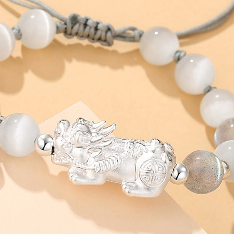Buddha Stones Pi Xiu Sei parole vere Braccialetto portafortuna in argento sterling 999, ossidiana nera, turchese bianco e crisoberillo