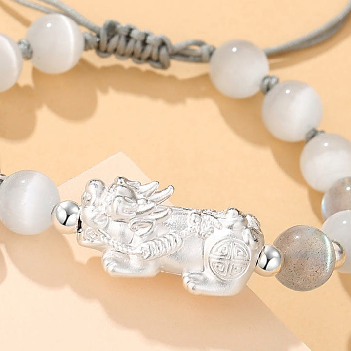 Buddha Stones Pi Xiu Sei parole vere Braccialetto portafortuna in argento sterling 999, ossidiana nera, turchese bianco e crisoberillo