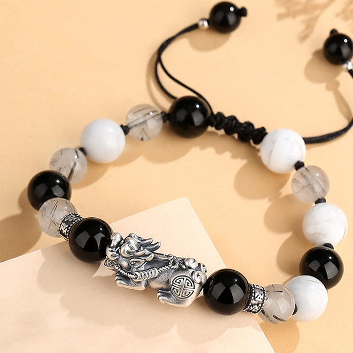 Buddha Stones Pi Xiu Sei parole vere Braccialetto portafortuna in argento sterling 999, ossidiana nera, turchese bianco e crisoberillo