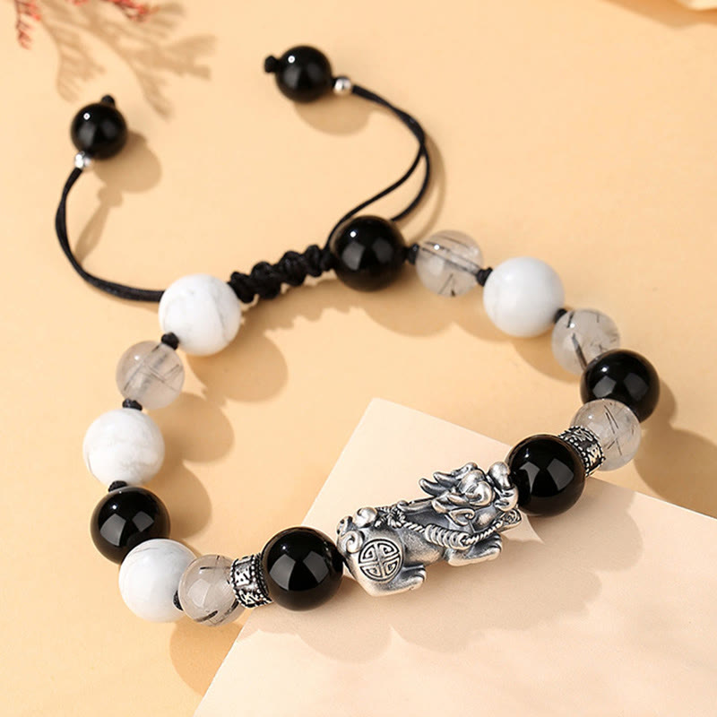 Buddha Stones Pi Xiu Sei parole vere Braccialetto portafortuna in argento sterling 999, ossidiana nera, turchese bianco e crisoberillo - image 1