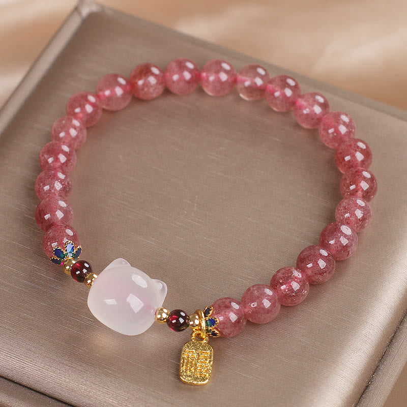 Braccialetto di guarigione con carattere di gatto Fu , Buddha Stones , quarzo fragola e giada bianca - image 12