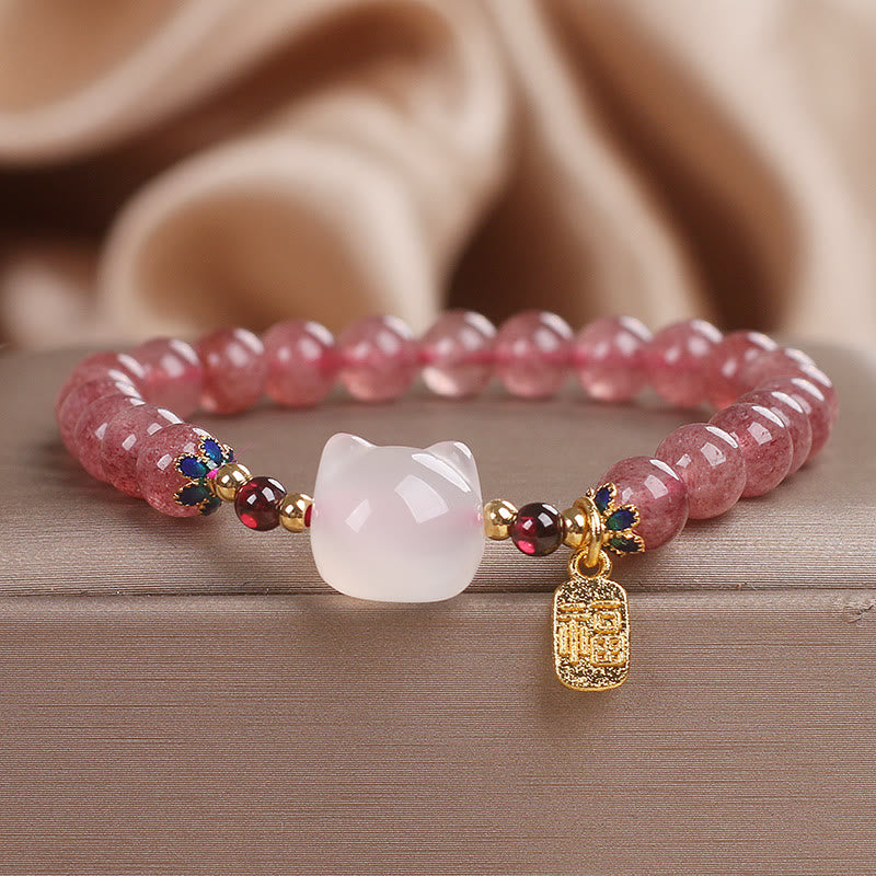 Braccialetto di guarigione con carattere di gatto Fu , Buddha Stones , quarzo fragola e giada bianca - Quarzo fragola, giada bianca (circonferenza polso: 14-16 cm) - image 1