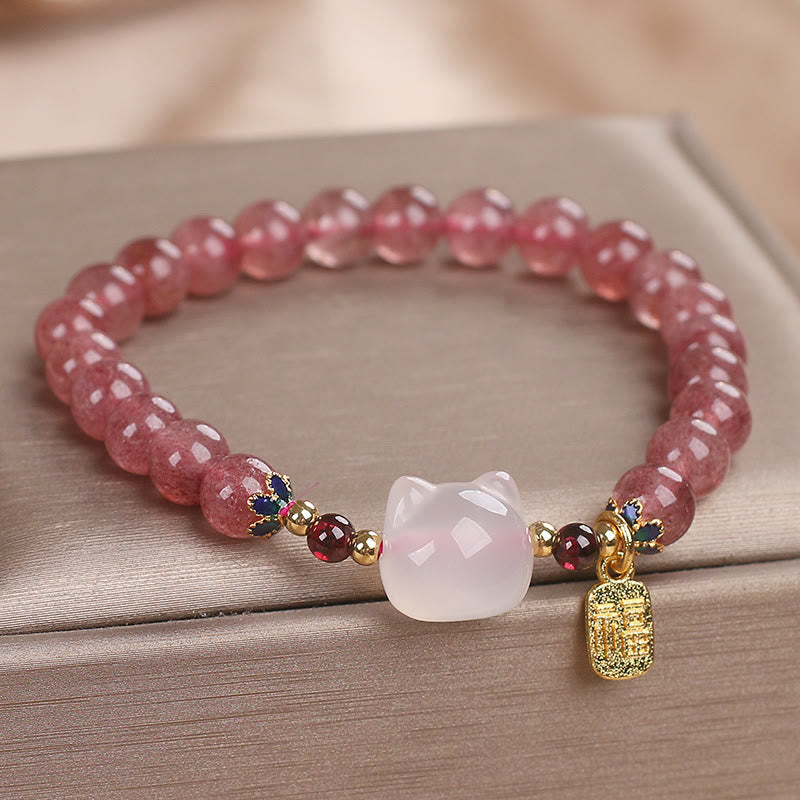 Braccialetto di guarigione con carattere di gatto Fu , Buddha Stones , quarzo fragola e giada bianca - image 4