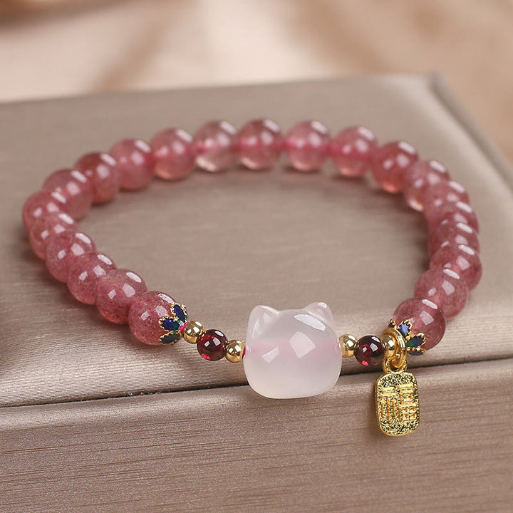 Braccialetto di guarigione con carattere di gatto Fu , Buddha Stones , quarzo fragola e giada bianca - image 4
