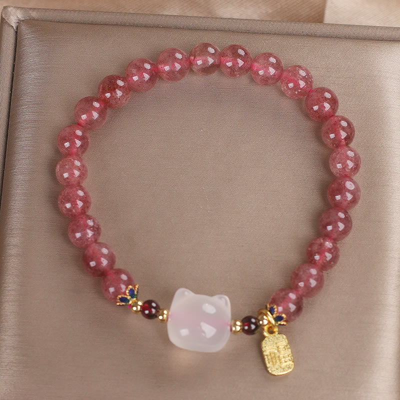 Braccialetto di guarigione con carattere di gatto Fu , Buddha Stones , quarzo fragola e giada bianca - image 11