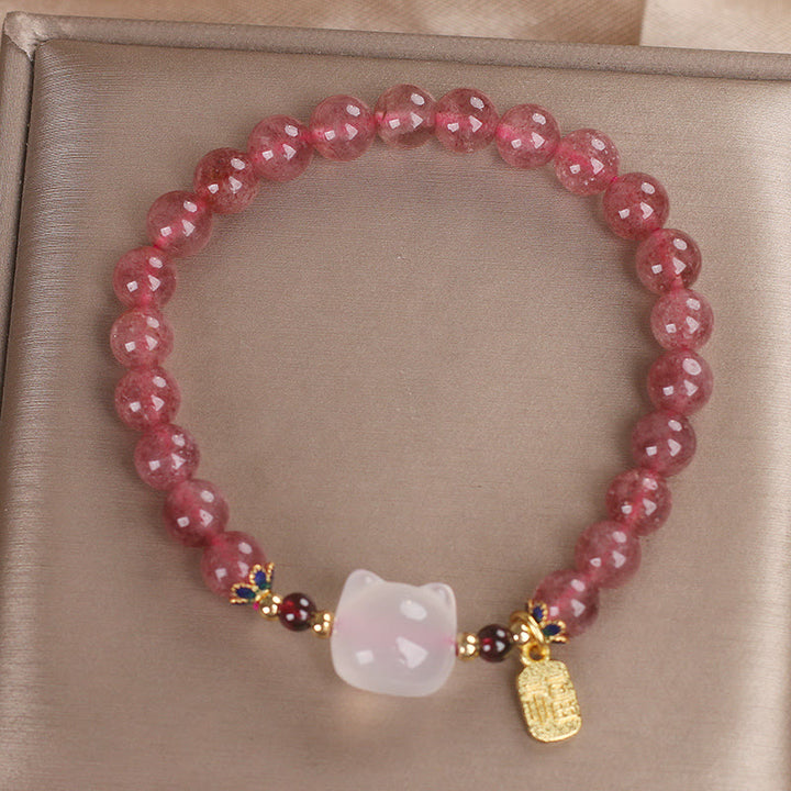 Braccialetto di guarigione con carattere di gatto Fu , Buddha Stones , quarzo fragola e giada bianca - image 11